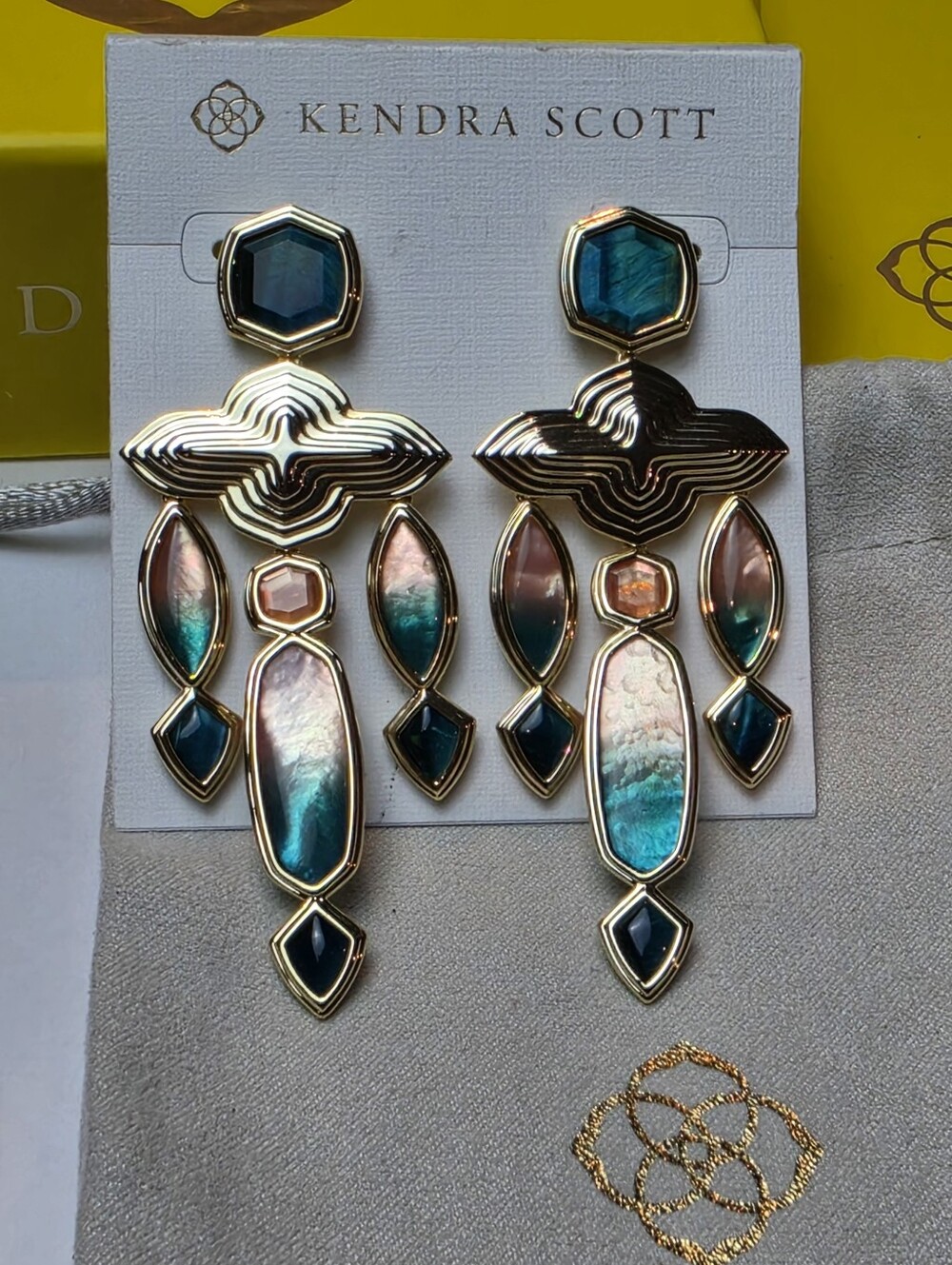 Kendra Scott Monica Statement Earrings Gold Teal Mix Geometric Chandelier NEW - Picture 2 of 8